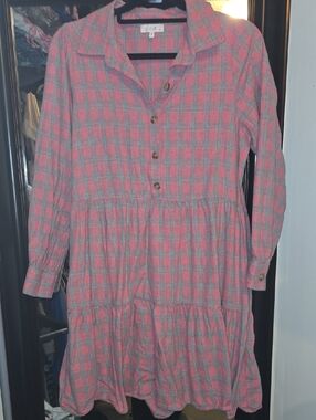Pink and Gray Plaid Tiered Button Dress